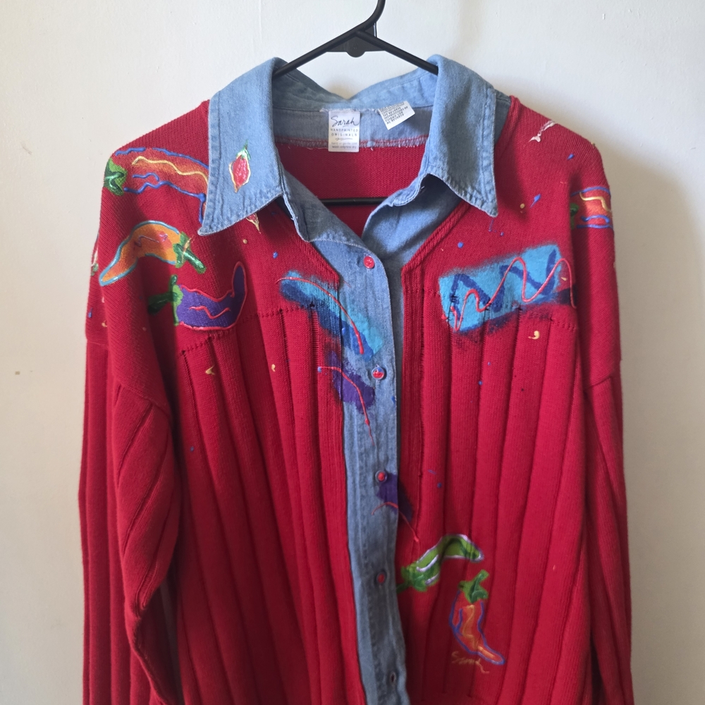 Vintage Sarah Handpainted Art Knit 80s Denim Collar Sweater Womens M